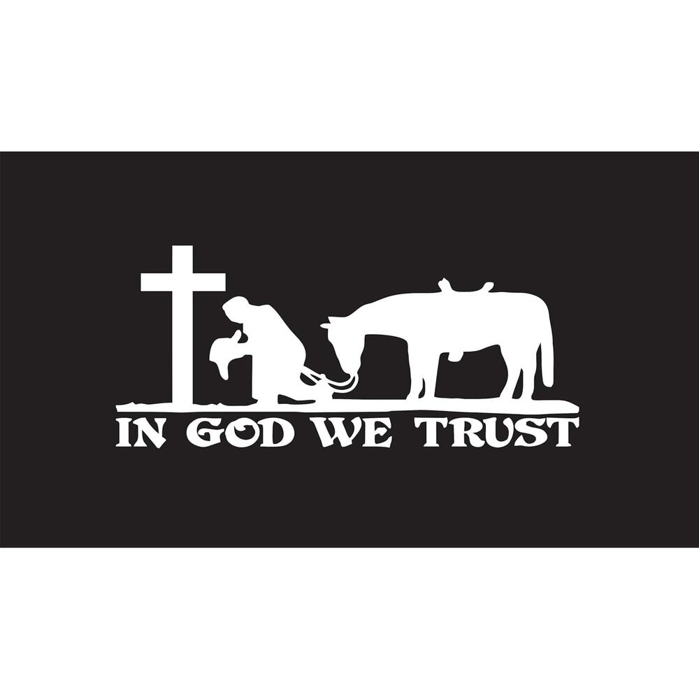 In God We Trust Cross Praying Cowboy & Horse Surface Die Cut Vinyl Decal Sticker